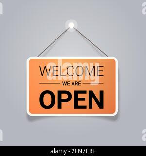 Willkommen sind wir offene Tür Werbung Schild Store Eröffnung Konzept Etikett mit Text flach Stock Vektor