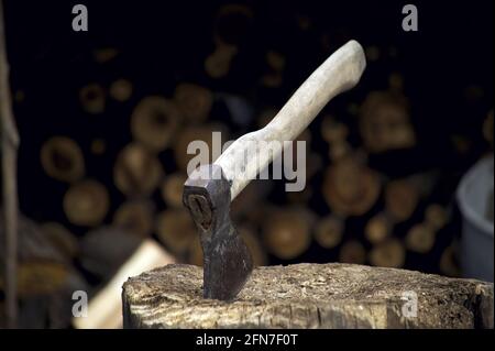 Die Axt steckt im Frühjahr in einem Baumstamm in der Nähe des Holzstapels Stockfoto