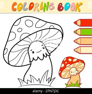 Malbuch oder Seite für Kinder. Pilz schwarz und weiß Vektor-Illustration Stock Vektor