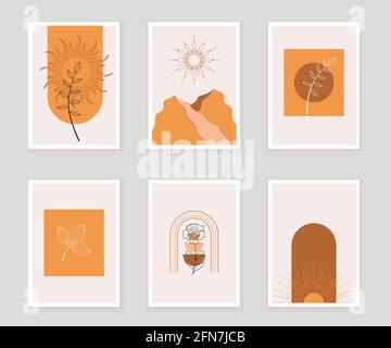 Abstrahieren Sie eine Linie Kunstblatt. Botanische Drucke boho Vektor-Set für Wandkunst . Böhmischer Stil mit Linienkunst. Minimalistische abstrakte Pflanzen Zweig Kunst Stock Vektor