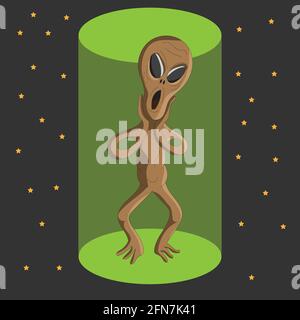 Eine Illustration von Alien Vektor Maskottchen Charakter mit überrascht Gesicht Im Lichtstrahl und im Weltraum Stock Vektor