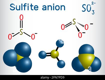 Sulfitanionenmolekül. Sulfite (Sulfite) werden als regulierte Lebensmittelzusatzstoffe verwendet. Strukturelle chemische Formel und Molekülmodell. Vektorgrafik Stock Vektor