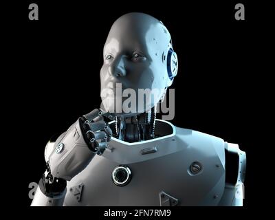 3d Rendering Künstliche Intelligenz Roboter oder Cyborg Analyse isoliert auf Schwarzer Hintergrund Stockfoto
