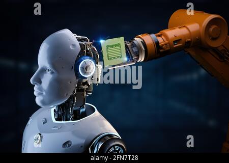 3d Rendering Artificial Intelligence Robot oder Cyborg mit Chipsatz für Halbleitertechnologie Stockfoto