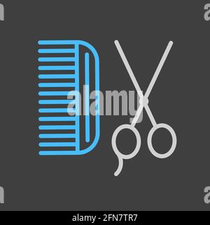 Symbol für Tierpflege, Haarbürste und Schere auf dunklem Hintergrund. Tierschild. Graph-Symbol für PET- und Veterinärwebsite und Apps-Design, Logo, Stock Vektor