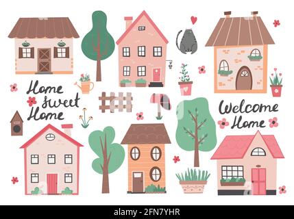 Sweet Home bunte Illustration mit kleinen Haus und Blumen. Handgezeichnete Vektorgrafik Stock Vektor