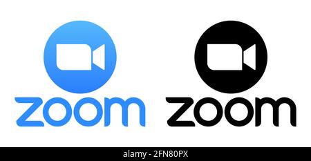 Vinnytsia, Ukraine - 10. Mai 2021: Zoom App Logo in schwarz und blau. Symbol für Website-Design, mobile App, ui. Vektordarstellung auf Whi isoliert Stock Vektor