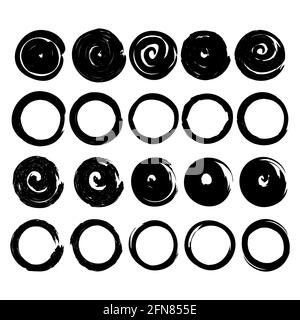 Eine Reihe von kreisförmigen Pinselstrichen in schwarzer Farbe auf weißem Hintergrund. Strukturierte, abstrakte Grunge-Kreise. Grungen Hintergrund. Moderne abstrakte Kunst Stock Vektor
