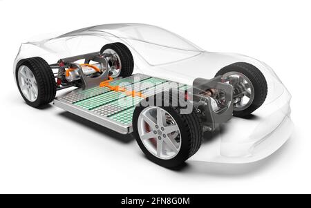 Modern electric car with battery, x-ray vehicle chassis, 3D rendering Stockfoto