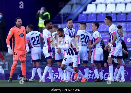 VALLADOLID, SPANIEN - MAI 13: Torwart Roberto von Real Valladolid, Nacho Martinez von Real Valladolid, Joaquin Ferdandez von Real Valladolid. Fede San E Stockfoto