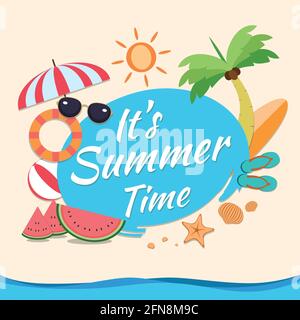 Sommer Zeit Vektor-Banner-Design mit blauen Kreis für Text Und farbenfrohe Strandelemente im sandfarbenen Hintergrund Stock Vektor