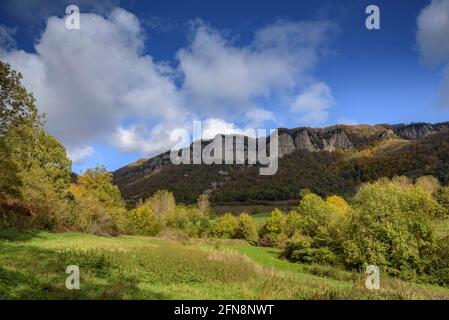 Cingles d'Aiats Klippen vom Weg zwischen Cantonigròs und dem Gipfel aus gesehen, an einem Herbsttag (Provinz Barcelona, Katalonien, Spanien) Stockfoto