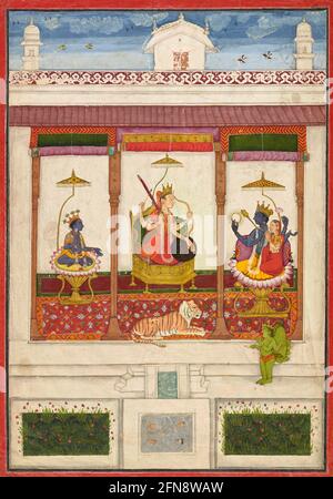 Devi mit Krishna und Vishnu in einem Palast, ca. 1645-1655. Stockfoto