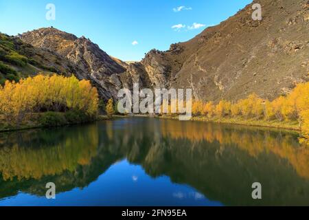 Herbstbäume und Berge spiegeln sich in einem kleinen See. Fotografiert in der Region Otago, Südinsel, Neuseeland Stockfoto