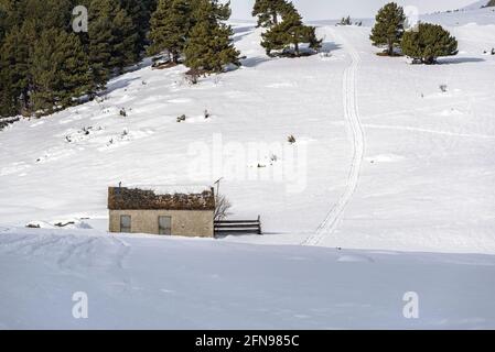 Route zwischen Montgarri und Pla de Beret im Winter mit Schnee. Cabana de Parros Hütte (Aran Tal, Katalonien, Spanien, Pyrenäen) Stockfoto