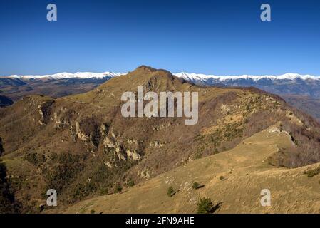 Blick vom Gipfel des Puig de les Bruixes. Blick auf den Comanegra-Gipfel und die Pyrenäen (Garrotxa, Katalonien, Spanien, Pyrenäen) Stockfoto