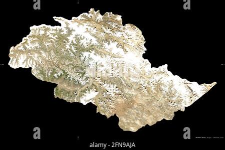 Nördliche Gebiete, zentral verwaltete Gebiet von Pakistan. Sentinel-2-Satellitenbilder. Form isoliert auf Schwarz. Beschreibung, Lage der Hauptstadt. Stockfoto