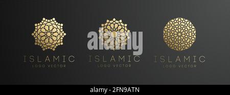 Goldenes islamisches Logo auf dunklem Hintergrund. Ramadan Kareem Vektormuster. Logo in runder Form. Islamisches Kreislogo einfaches Muster. Arabischer Vektor 3d Stock Vektor