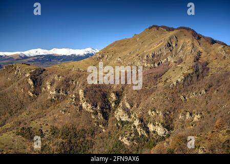 Blick auf den Comanegra-Gipfel vom Pfad zwischen Puig de les Bruixes und Basses de Monars (Garrotxa, Katalonien, Spanien, Pyrenäen) Stockfoto