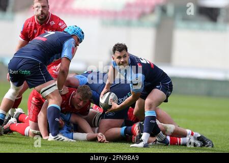 Llanelli, Großbritannien. Mai 2021. Tomos Williams von Cardiff Blues in Aktion. Guinness Pro14 Rainbow Cup Spiel, Scarlets gegen Cardiff Blues im Parc y Scarlets Stadium in Llanelli, South Wales am Samstag, den 15. Mai 2021. Bild von Andrew Orchard/Andrew Orchard Sports Photography/Alamy Live News Kredit: Andrew Orchard Sports Photography/Alamy Live News Stockfoto