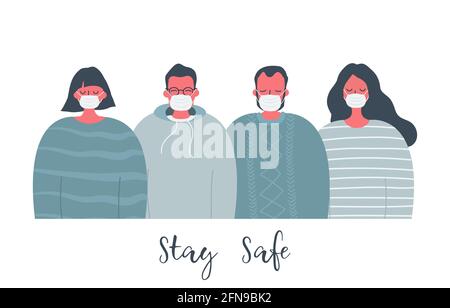 Menschen in medizinischen Masken. Sicheres Konzept. Es gibt Männer und Frauen auf dem Bild. Vektorgrafik im flachen Stil. Stock Vektor