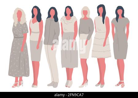 Gruppe junger Frauen. Sieben verschiedene Frauenbilder: Kleidungsstil, Schuhe, Frisuren. Silhouetten von Frauen. Vektorgrafik in beigen Farben. Stock Vektor