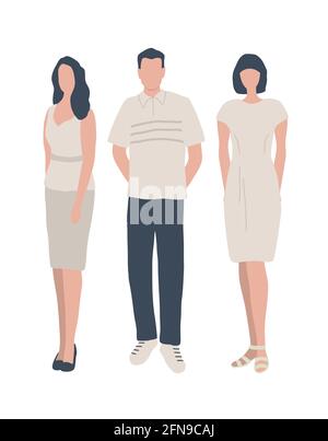 Gruppe junger Menschen. Drei verschiedene Bilder: Kleidungsstil, Schuhe, Frisuren. Silhouetten von Mann und Frau. Vektorgrafik in beigen Farben. Stock Vektor