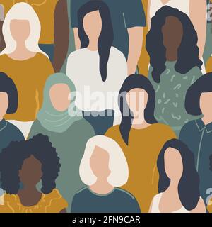 Nahtloser Hintergrund mit Frauen. Es gibt Silhouetten von Frauen verschiedener Rassen. Muster mit Personensymbolen. Vektorgrafik Stock Vektor