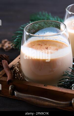 Eierwein Weihnachtsmilch-Cocktail mit Zimt, serviert in zwei Gläsern auf Vintage-Tablett mit Tannenzweig auf dunklem Holzhintergrund Stockfoto