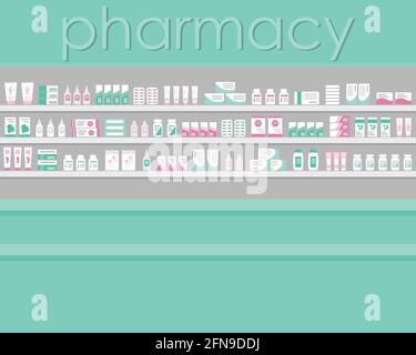 Apothekenpräsentation. Regale mit Medikamenten. Apothekenausstattung. Vektorgrafik Stock Vektor