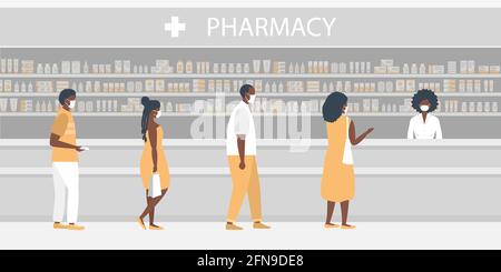 Apotheke während der Coronavirus-Epidemie. Schwarze Menschen in medizinischen Masken in der Apotheke. Der Apotheker steht in der Nähe der Regale mit Medikamenten. Stock Vektor