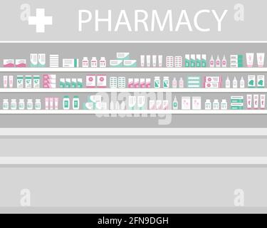 Apothekenpräsentation. Regale mit Medikamenten. Apothekenausstattung. Vektorgrafik. Stock Vektor
