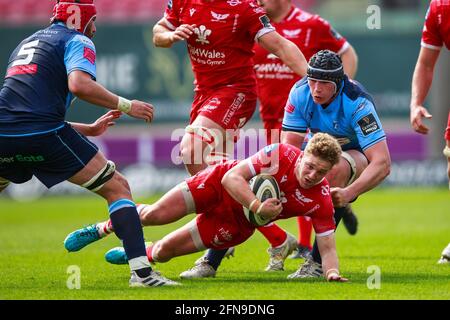 Llanelli, Großbritannien. 15. Mai 2021. Scarlets Fly Half Angus O’Brien wird während des Scarlets gegen Cardiff Blues PRO14 Rainbow Cup Rugby Match angegangen. Kredit: Gruffydd Thomas/Alamy Live Nachrichten Stockfoto