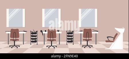Friseursalon in kakaofarbener Farbe. Schönheitssalon. Innen. Es gibt Tische, Stühle, ein Bad zum Waschen der Haare, Spiegel, Fön im Bild. Vektor f Stock Vektor