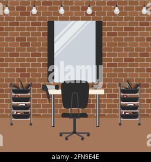Friseursalon mit einer Ziegelwand. Friseur. Friseursalon. Es gibt einen Tisch, einen Stuhl, einen Spiegel, einen Fön im Bild. Vektorgrafik Stock Vektor