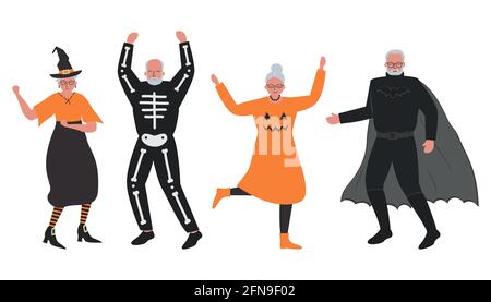Halloween-Party. Ältere Menschen in Halloween-Kostümen tanzen und haben Spaß. Vektorgrafik Stock Vektor