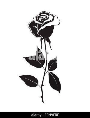 Rosenblüte mit Blättern auf weißem Hintergrund. Schwarze Silhouette einer Rose. Vektorgrafik Stock Vektor