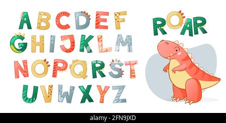 Cartoon niedlichen Dinosaurier Alphabet. Dino Schrift mit Buchstaben. Kinder Vektor-Illustration für T-Shirts, Karten, Poster, Geburtstagsfeiern, Papierdesign, Kinder- und Kinderzimmer-Design Stock Vektor