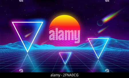Synth Welle Retro Stadt Landschaft Hintergrund Sonnenuntergang 3d Landschaft mit Regenbogen Kometen. Futuristischer Stil im Stil der 1980er Jahre. Neon Triangle Synthwave digital Stock Vektor