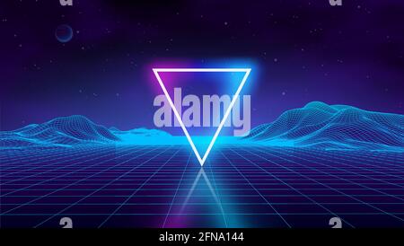 Futuristischer Hintergrund für das Spiel im Retro. Music 3d Dance Galaxy Poster. 80er Jahre Hintergrunddisco. Neon-Dreieck Synthwave digitale Drahtmodelllandschaft mit Stock Vektor