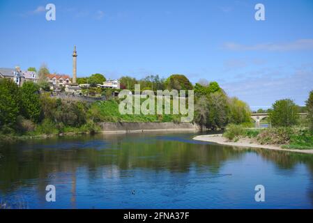 Blick über den Fluss Tweed vom Henderson Park, Coldstream, Scottish Borders, mit Coldstream Bridge und Marjoribanks Monument im Hintergrund. Stockfoto