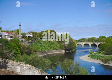 Blick über den Fluss Tweed vom Henderson Park, Coldstream, Scottish Borders, mit Coldstream Bridge und Marjoribanks Monument im Hintergrund. Stockfoto