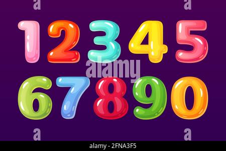 Cartoon-Zahlen. Cute Comic Bubble Alphabet mathematische Symbole für Kinder. Bunte Süßigkeiten, Gelee mathematische Figuren. Lustige Kinder Schule Zahl Vektor. Ballon numerische Zeichen, Zählen lernen Stock Vektor