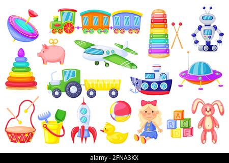 Kinderspielzeug. Cartoon rakete, Schiff, Zug, niedlich girl puppe, Ente, Plüschhase, Buchstabenwürfel. Bunte Kunststoff-Spielzeug für Kleinkinder Vektor-Set isoliert auf weiß. Objekte für Kinder und Babys zum Spielen Stock Vektor