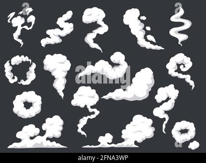 Cartoon-Rauch. Komische Dampfwolke, Nebel, Smog. Gasdämpfe explodieren, Explosionsstaub. Nebel und Wolken platzen, Dämpfe oder Dämpfe explodieren Effektvektor gesetzt. Rauchströmungsbewegung, Kurven und Ringe Sammlung Stock Vektor
