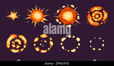 Explosionsanimation. Cartoon Bombe explodierenden Effekt mit Rauch und Partikeln. Fire Blast Frames, Comic Boom Sprite Blatt für Spiele Vektor-Set. Atomare Sprengbewegung, heller Burst, Detonation Stock Vektor