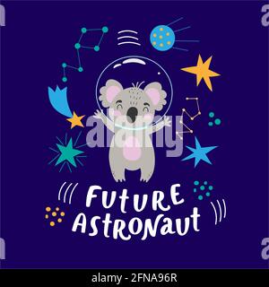Bild von niedlichen Cartoon Koala im Kosmos, Vektorgrafiken, auf einem dunkelblauen Hintergrund. Für die Gestaltung von Postkarten, Postern, Drucken für T-Shirts, Tassen Stock Vektor
