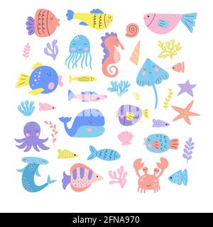 Set von niedlichen Cartoon marine life - Wal, Tintenfisch, Krabben, Quallen, Fisch und Algen. Vektorgrafiken, auf weißem Hintergrund. Zum Dekorieren von Notizbüchern Stock Vektor
