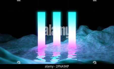 3D Rendern Kosmische Hintergrund, außerirdische Landschaft retro neon Berg mit Wasser violett Reflexion. Rosa blau abstrakt futuristischen Raum Hintergrund für Stockfoto