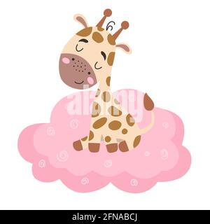 Bild mit niedlichen Cartoon Giraffe auf einer rosa Wolke. Vektorgrafiken auf weißem Hintergrund. Für die Gestaltung von Postern, Postkarten, Notizbuchdeckeln Stock Vektor